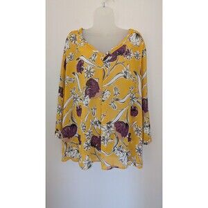 Liz Claiborne V-Neck Blouse3/4 Sleeve Spring Yellow Floral Easter Flowy  SZ 3X